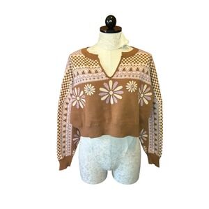 Altar'd State Brown Floral Checkerboard Cropped Sweater Boho Retro‎ Sz M